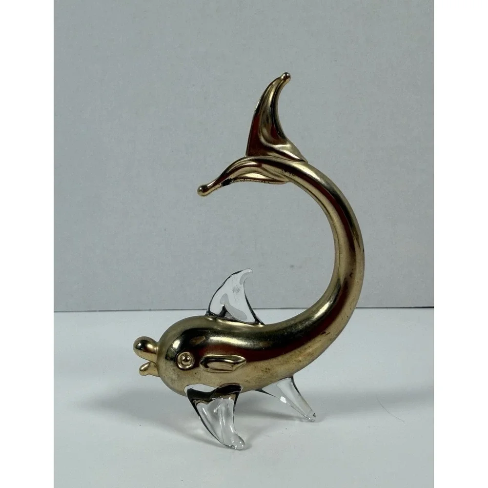 Blown Glass & Brass Dolphin Figurine Trinket Collectable 4.5